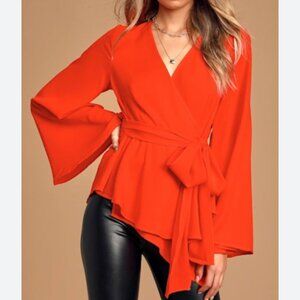 NWT Lulus New Boldness Red Orange Long Sleeve Wrap v-neck Top